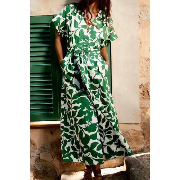 Zara Dresses & Skirts - NWT Zara Floral Printed Midi Shirt Dress Women's L Cotton Green White Tropical